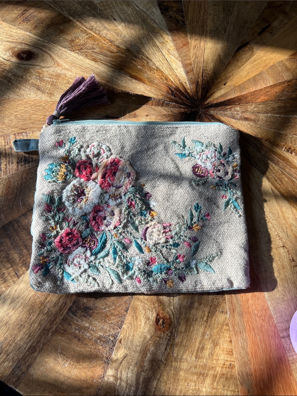 Embroidered Floral Zip Pouch - Beige with Pink & Teal Accents